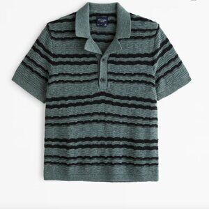 Abercrombie Camp Collar Cropped 2-Button Sweater Polo - Green Stripe Medium
